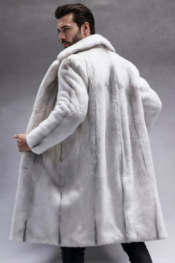 Light Grey Notched Lapel Faux Fur Long Men's Coat